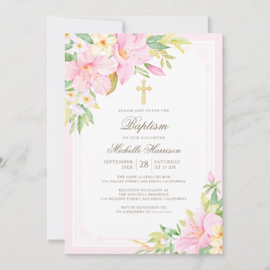 Invitation Aquarelle Blush rose Floral Girl Baptême (Devant)
