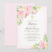 Invitation Aquarelle Blush rose Floral Girl Baptême (Devant / Derrière)