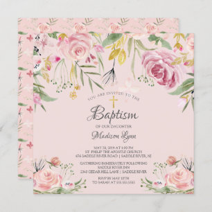 Invitation Aquarelle Blush rose Floral Girl Baptême