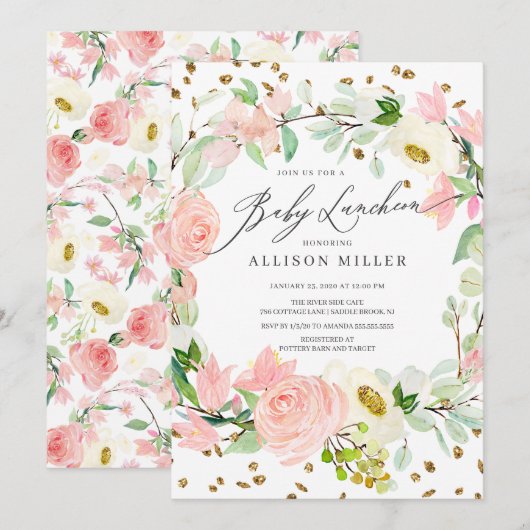Invitation Aquarelle Blush Rose Peonies Floral Baby Luncheon (Devant / Derrière)