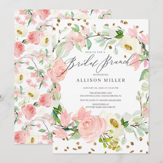 Invitation Aquarelle Blush Rose Peonies Floral Bridal Brunch (Devant / Derrière)