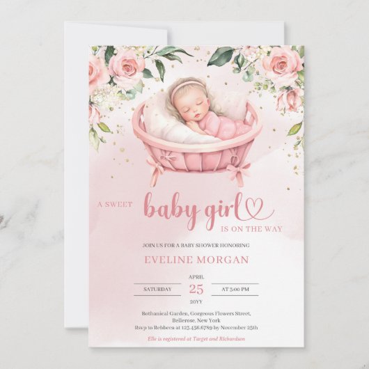 Invitation Aquarelle blush roses eucalyptus dormant bébé (Devant)