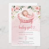 Invitation Aquarelle blush roses eucalyptus dormant bébé (Devant / Derrière)