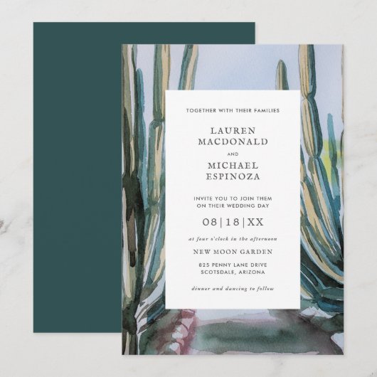 Invitation Aquarelle Bohème Cactus Vert Désert (Devant / Derrière)