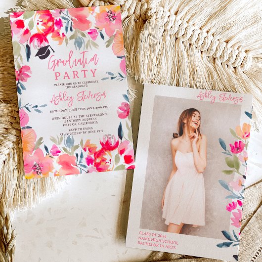 Invitation Aquarelle bohème rose fleurs graduation