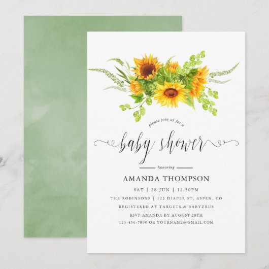 Invitation Aquarelle Bohemian Baby shower de tournesols Boho (Devant / Derrière)
