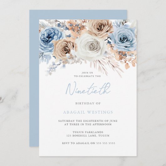 Invitation Aquarelle Boho Blue Floral 90e fête d'anniversaire (Devant / Derrière)