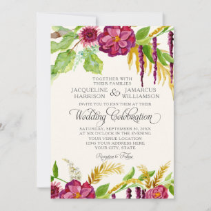 Invitation Aquarelle Boho Bohème Bourgogne Rose Floral Automn
