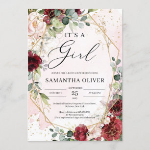 Invitation Aquarelle boho bordeaux or floral c'est une fille
