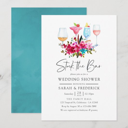 Invitation Aquarelle Boho Chic Fleur Stock le Bar (Devant / Derrière)