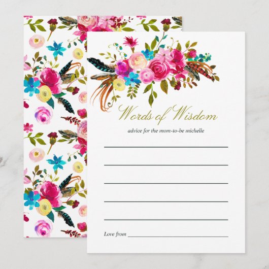 Invitation Aquarelle Boho Chic Floral Baby shower Maman Conse (Devant / Derrière)