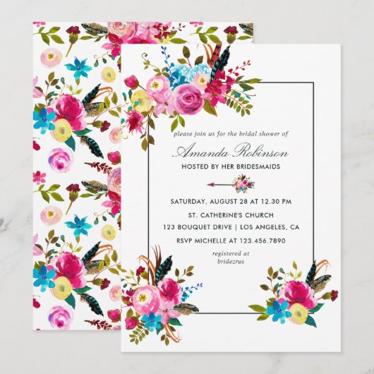 Invitation Aquarelle Boho Chic Floral Fête des mariées invita (Devant / Derrière)