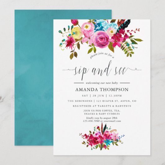 Invitation Aquarelle Boho Chic Floral Sip et voir (Devant / Derrière)