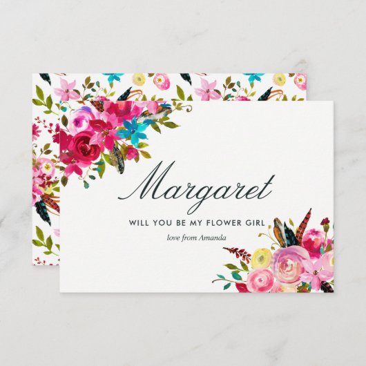 Invitation Aquarelle Boho Chic Serez-Vous Ma Fille Fleur (Devant / Derrière)