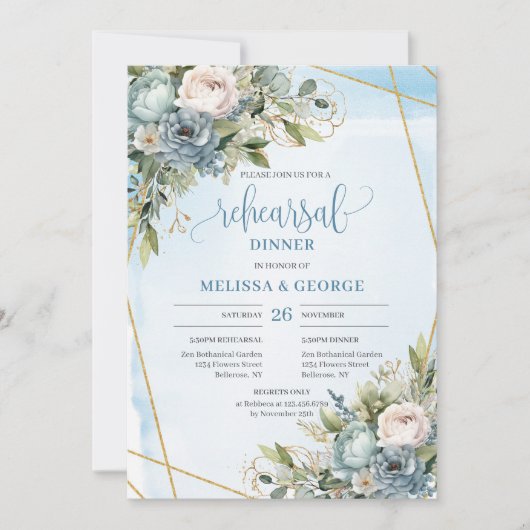 Invitation Aquarelle Boho Dusty Blue Gold Parties scintillant (Devant)