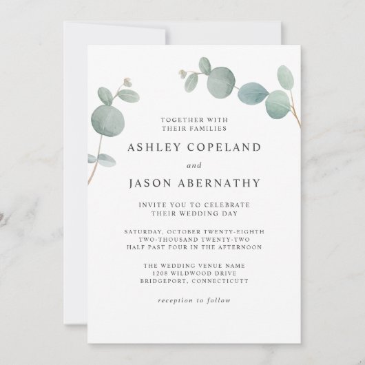 Invitation Aquarelle Boho Eucalyptus Mariage vert (Devant)