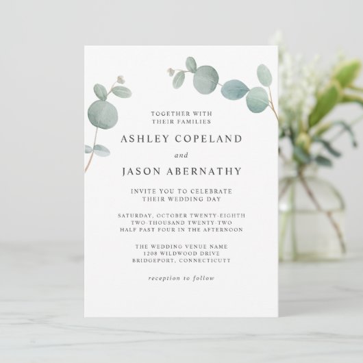 Invitation Aquarelle Boho Eucalyptus Mariage vert (Debout devant)