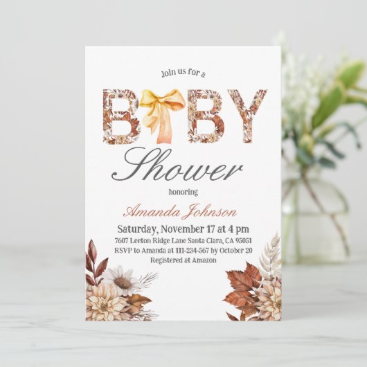 Invitation Aquarelle Boho Fall Floral Bow Baby shower (Debout devant)