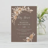 Invitation Aquarelle boho fleurs marron oblong baby shower i (Debout devant)