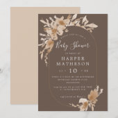 Invitation Aquarelle boho fleurs marron oblong baby shower i (Devant / Derrière)