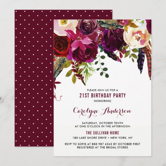 Invitation Aquarelle Boho Floral Automne fête d'anniversaire (Devant / Derrière)