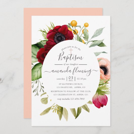 Invitation Aquarelle Boho Floral Baptism (Devant / Derrière)