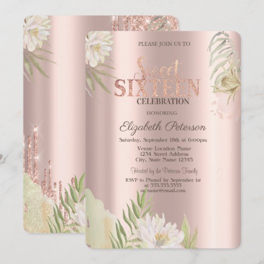 Invitation Aquarelle Boho Floral Rose Gold Sweet 16 (Devant / Derrière)