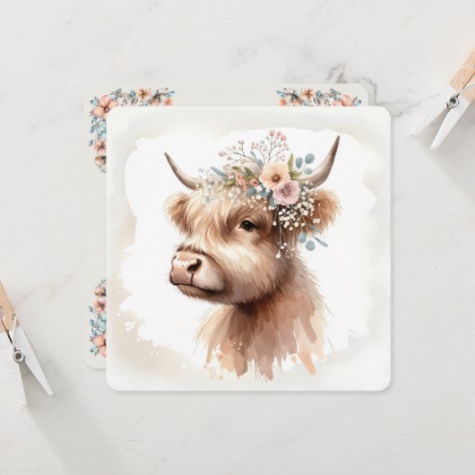 Invitation Aquarelle Boho Highland Vache avec fleurs nuptiale (Devant/Arrière en situation)
