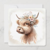 Invitation Aquarelle Boho Highland Vache avec fleurs nuptiale (Devant)
