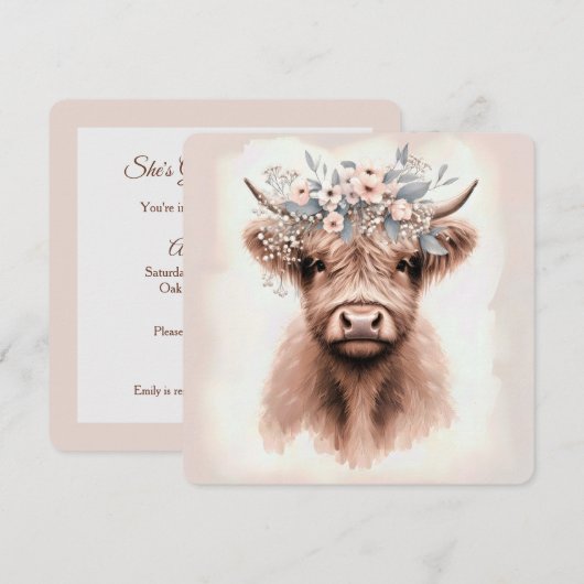 Invitation Aquarelle Boho Highland Vache avec tête nuptiale (Devant / Derrière)