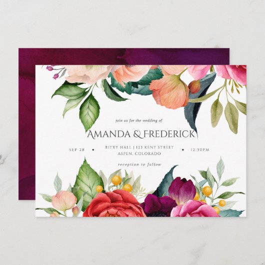 Invitation Aquarelle Boho Mariage Floral (Devant / Derrière)