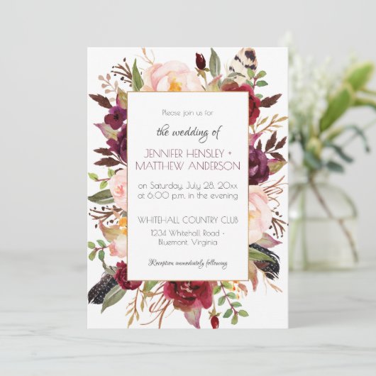 Invitation Aquarelle Boho Marsala Rouge Bourgogne Rose Frame (Debout devant)