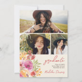 Invitation Aquarelle Boho Retro Floral 3 photos Graduation (Dos)