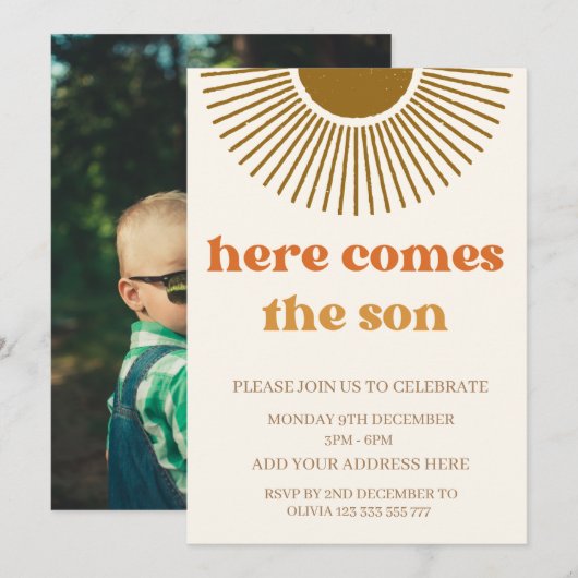 Invitation Aquarelle Boho Rétro voici venu le soleil personna (Devant / Derrière)