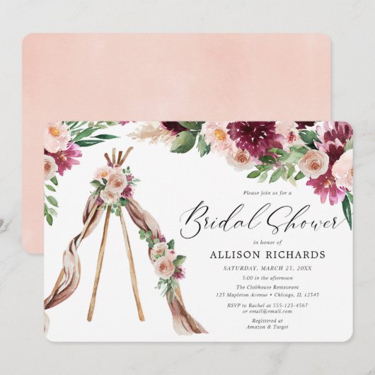 Invitation Aquarelle Boho rose bordeaux douche à fleurs (Devant / Derrière)