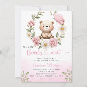 Invitation Aquarelle Boho rose Teddy Bear Baby shower fille