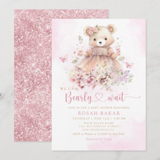 Invitation Aquarelle Boho rose Teddy Bear Baby shower fille (Devant / Derrière)