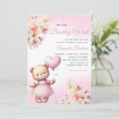 Invitation Aquarelle Boho rose Teddy Bear Baby shower fille (Debout devant)
