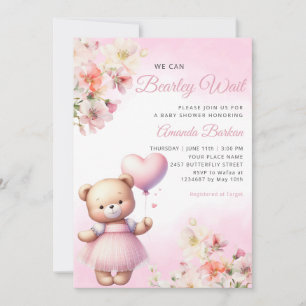 Invitation Aquarelle Boho rose Teddy Bear Baby shower fille