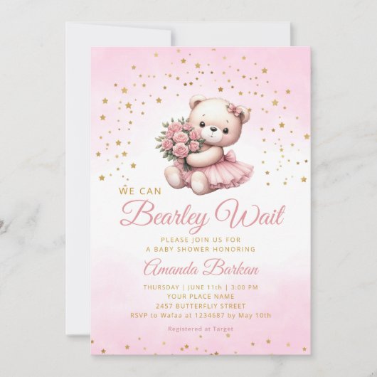 Invitation Aquarelle Boho rose Teddy Bear Baby shower fille (Devant)