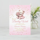 Invitation Aquarelle Boho rose Teddy Bear Baby shower fille (Debout devant)