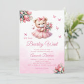 Invitation Aquarelle Boho rose Teddy ours Baby shower fille (Debout devant)