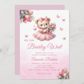 Invitation Aquarelle Boho rose Teddy ours Baby shower fille (Devant / Derrière)