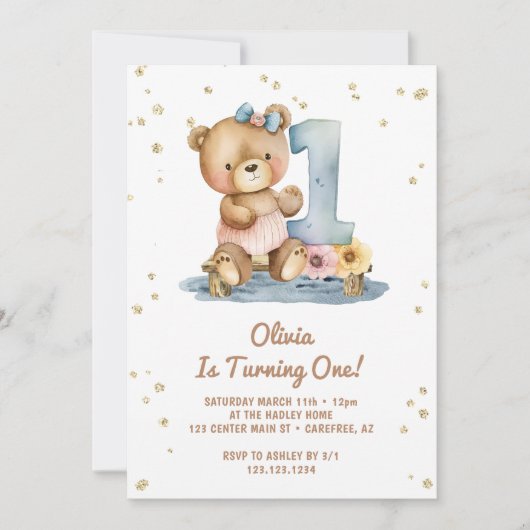 Invitation Aquarelle Boho Teddy Bear 1er anniversaire (Devant)