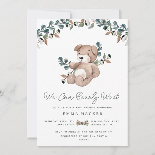Invitation Aquarelle Boho Teddy Bear Baby shower de verdure (Devant)