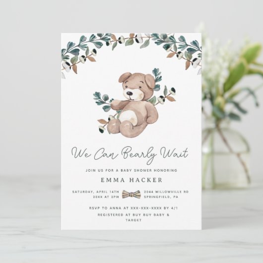 Invitation Aquarelle Boho Teddy Bear Baby shower de verdure (Debout devant)