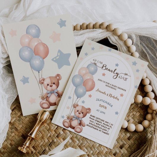 Invitation Aquarelle Boho Teddy Bear Baby shower neutre