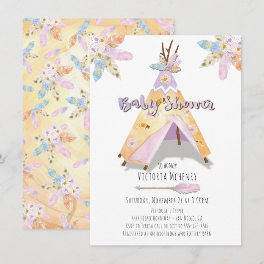 Invitation Aquarelle Boho Tribal Baby shower Rustique Teepee (Devant / Derrière)