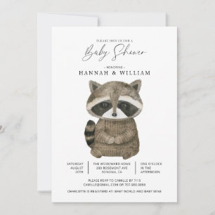Invitation Aquarelle Bois Animal Raccoon Baby shower