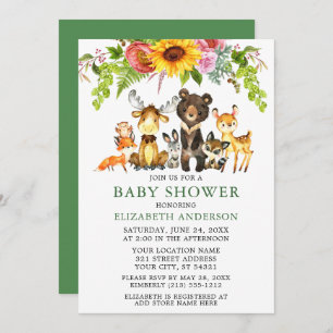 Invitation Aquarelle Bois Animaux Baby shower de tournesol